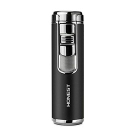Piioket Windproof Quad 4 Nozzles Jet Flame Lighter Refillable Butane Gas Fuel Adjustable Four Jet Flames Lighter with Punch - Black