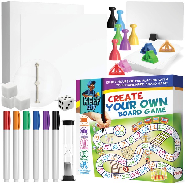 KEFF Make Your Own Board Game Set - DIY Blank Board Game Kit with Game Pieces, Blank Cards, Dice, Spinner, Pawns & More - Create Your Own Fun Family Board Games for Kids & Adults