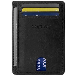 Corkor Slim Wallet Minimalist Card Holder ID, Eco Friendly Vegan Non Leather Cork Black Color,Small