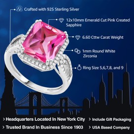 Gem Stone King 925 Sterling Silver Pink Created Sapphire Ring For Women (6.60 Cttw, Emerald Cut 12X10MM, Gemstone September Birthstone, Available In Size 5, 6, 7, 8, 9)