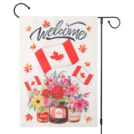Canada Day Garden Flag, 12x18in Double-Sided Canadian Welcome Flag Burlap Flower Maple Leaf Design Patriotic Remembrance Banner for July First Yard Patio Outdoor Decor (No Pole)