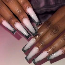 RUOKEXIN French Tip Press on Nails Long Fake Nails Glitter False Nails with Rhinestones Designs Square Glue on Nails Press ons Sparkly Artificial Nails Cute Glue on Nails for Women 24Pcs