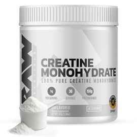 RAW Nutrition Creatina monohidrato en polvo, sin sabor (30 porciones)  Suplemento de monohidrato de creatina micronizada para rendimiento de...       
