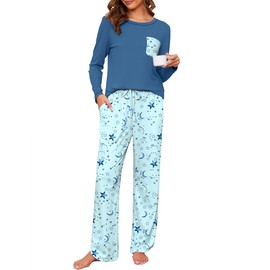 Namatime Cotton Pajamas for Women Set 2 Piece Lounge Sets Print Long Sleeve Soft Pj Set Fall Loungewear Sleepwear with Pockets Maternity Postpartum Pajamas Blue L