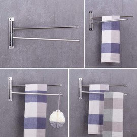 BEIGEEWY SUS304 Stainless Steel Bathroom Swing Arm Towel Bars 2-Arm Wall Mount Swing Out Towel Shelf, Polished Finish
