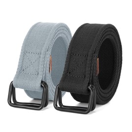 JASGOOD Men Canvas Fabric Belts Casual Web Cloth Belts with Black Double Ring Buckle 2 Pack,Black+Light Gray