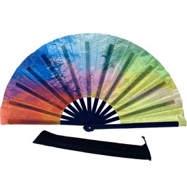 Large Rave Folding Handheld Chinese/Japanese Fan Women Girls Rave Accessories for Music Festivals Burlesque Pride Outfits Clack Fan (Rainbow)