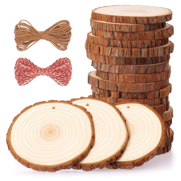Round decorative wooden discs with hole Fuyit 30 x 6-7 cm wood log discs 10 m cotton twine for DIY handmade wedding craft Christmas decoration