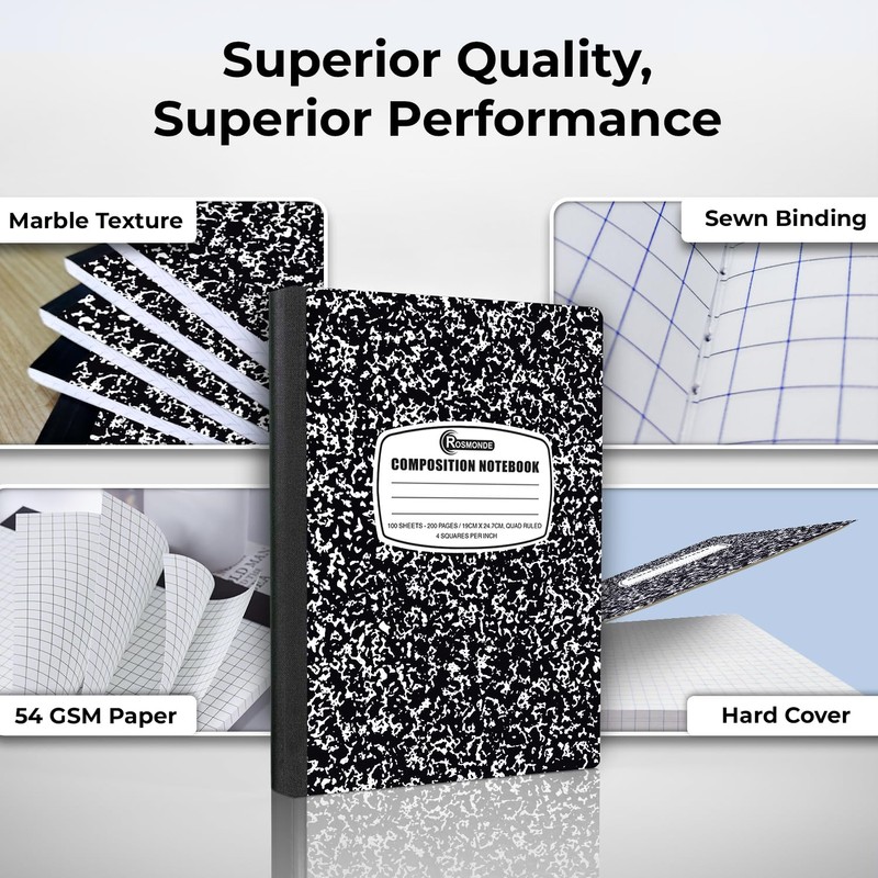 Rosmonde 12 Pack Graph Paper Composition Notebook, 200 Pages (100