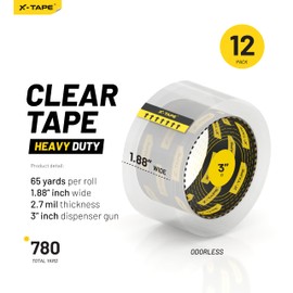 X-Tape Clear Packing Tape (12 Rolls / 780 Total Yards), Heavy Duty Packaging Tape for Shipping, Moving, Sealing and Refills, 65 Yards Per Roll, 2.7mil Thick, 1.88 inches Wide