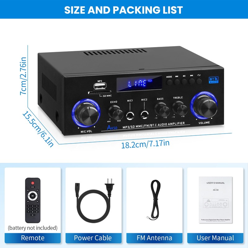 AK-50 Bluetooth5.0 Audio Amplifiers Home Stereo Amp 60WX2 Max.400W Output
