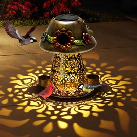 Mushroom Solar Bird Feeders for Outdoors Hanging Metal Wild Bird Feeder Garden Lantern with S Hook for Garden Decoration Brown