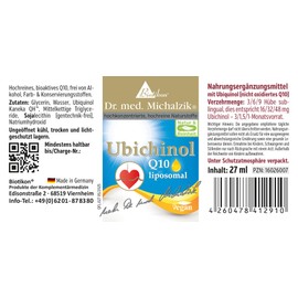 Ubiquinol Q10 liposomal Dr. Michalzik - better bioavailability - non-oxidised Q10 in micelles from phospholipids - no additives - from BIOTIKON