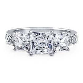 BERRICLE Sterling Silver 3-Stone Wedding Engagement Rings 1.6 Carat Princess Cut Cubic Zirconia CZ Promise Ring for Women, Rhodium Plated Size 7