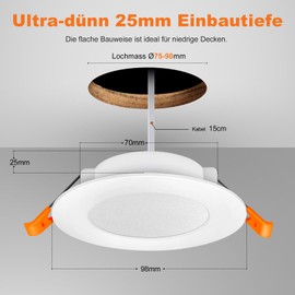 DUSKTEC LED Recessed Spotlights 230 V, LED Spotlights, Ceiling Spotlights, 7 W, Warm White, Flat IP44, LED Recessed Ceiling Light Ceiling for Bathroom, 75-90 mm Hole Size, Recessed Spotlights for