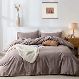 TIPTOE BEAR Full Duvet Cover Set- 100% Washed Cotton 3 Pcs Soft Comfy Breathable Chic Linen Feel Bedding, 1 Duvet Cover and 2 Pillow Shams, Mauve Brown