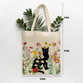 bmuvghi Black Cat Canvas Tote Bag with Zipper Pockets Vintage Flowers Cute Tote Bag Aesthetic Reusable Shopping Grocery Bags Birthday Gifts for Women Mother Teacher
