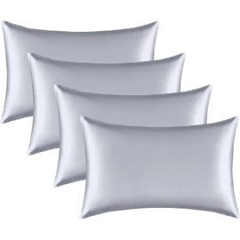 4pcs Natural Silky Satin Pillowcase 100% Pure Silky Satin Pillow Cover for Hair and Skin Anti Wrinkle Zipper Closure 1pc 19 Momme (Silver, Queen-20 * 30Inch)
