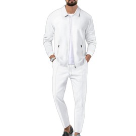 Veriliss 2-Piece Waffle Soft Hoodies Sweatsuit Sets Men's Tracksuit Sets with Full Zip, Trendy Jacket Suit Business Outfits (White, M), Beige 1