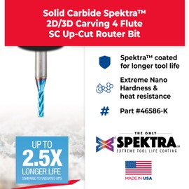 Amana Tool Up Cut Solid Carbide Spiral 2D/3D Carving Router Bit, 46586-K, Flat Bottom 0.10 Deg A x 1/8 D x 1/2 x 1/4 Shank x 2” Long x 4 Flute