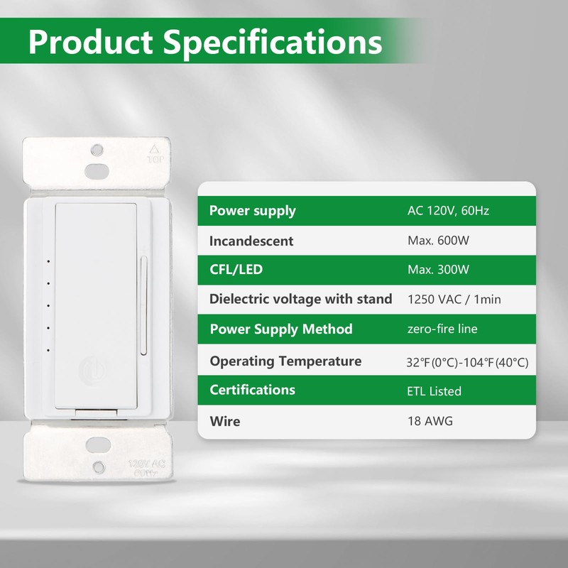 Wengart (BAK012C) Dimmer Switch for LED/CFL Lights, Single Pole or