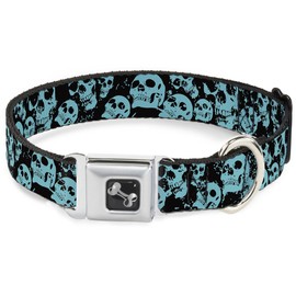 Buckle-Down Seatbelt Buckle Dog Collar - Skulls Stacked Weathered Black/Teal