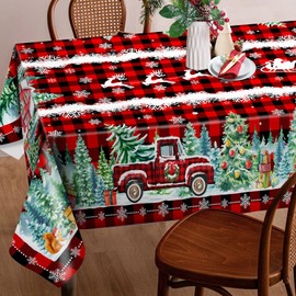 Cusugbaso Christmas Tablecloth 60x120 Inches - Red Truck Christmas Party Decorations for Home - Christmas Table Cloth for Rectangle Table Xmas Holiday Buffalo Plaid Christmas Decor for Kitchen, Table