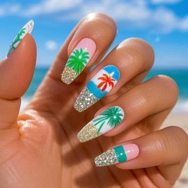 Medium Press on Nails Coffin Fake Nails Summer False Nails Glossy Artificial Nails Stick on Nails with Coconut Tree Designs for Women 24pcs