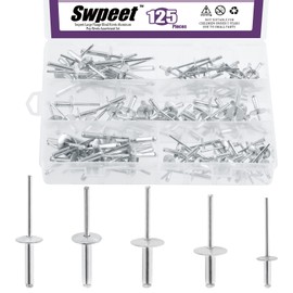 Swpeet 125Pcs 3/16" 1/8" 5/32" Large Flange Aluminum Blind Rivets Kit, Silver Pop Rivets Open End Type Pop Rivet for Indoor and Outdoor Use