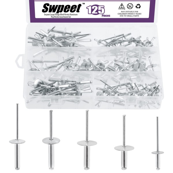 Swpeet 125Pcs 3/16" 1/8" 5/32" Large Flange Aluminum Blind Rivets