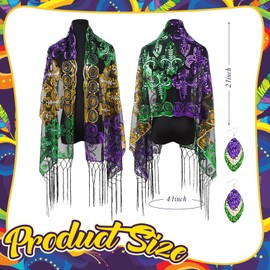 Breathffy Mardi Gras Glitter Shawl Scarf Costume with Earrings for Women Costume Accessory Set for Women Mardi Gras Masquerade Carnival Parade Party