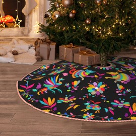 Christmas Tree Skirt 48 inches Ethnic Mexican Otomi Style Pattern Xmas Tree Skirts Mat Farmhouse Rustic Xmas Holiday Indoor Party Outdoor Decoration