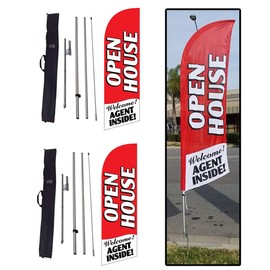 FFN 2-Pack of Red 8ft Open House Feather Banner Flag Kits, Includes Flag Poles, Ground Stakes, and Travel Bags, Outdoor Yard Lawn Signs for Real Estate Agents