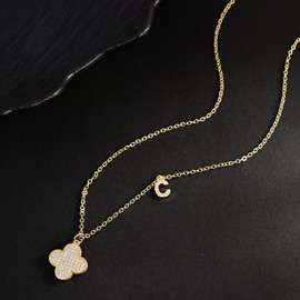 ICAI Beads 18K Gold Plated Four Leaves Zircon Clover and Initial Necklace for Woman Simple Necklace Jewelry Gifts for Women (C)