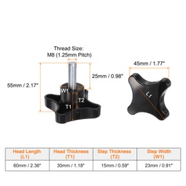 QUARKZMAN Pack of 2 Star Handles M8 x 25 mm Thread Plastic 4-Star Knob Hand Tightening Clamping Screw Replacement Thread Handle, Black