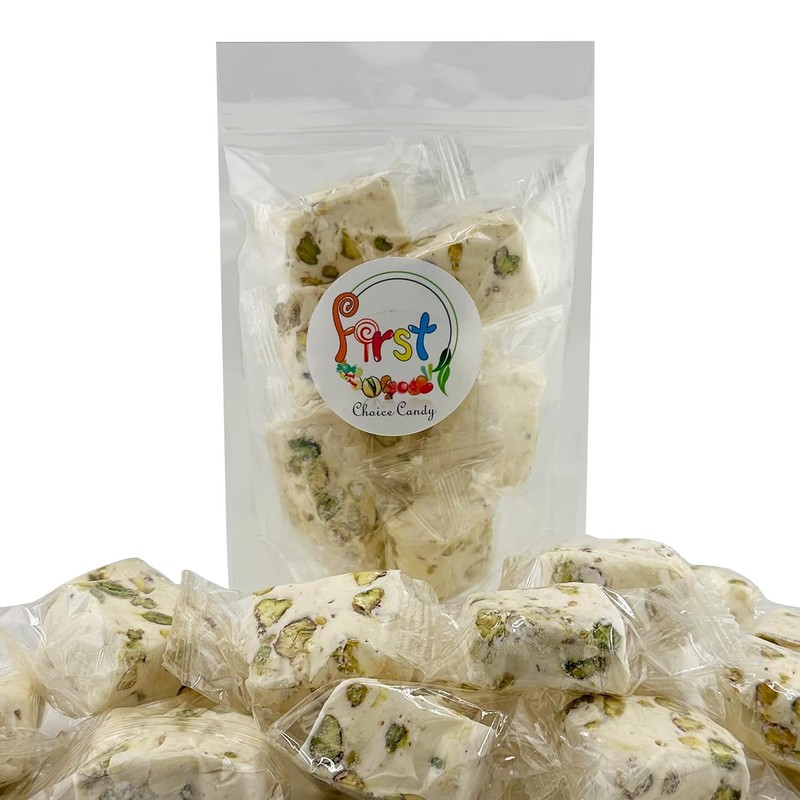 Soft White Nougat Candy, Individually Wrapped Pistachio Nougat, Divinity Candy