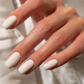 Rice White Press on Nails Short Square Fake Nails with Design Solid Color Glue on Nails Glossy Acrylic Nails Reusable Artificial False Nails for Women Girls Daily Wear Manicure 24pcs