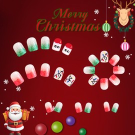 Cartoon Santa Claus Press-on Nails Winter Christmas False Nails With Red Green Glitter Gradient Glue-on Glossy Short Square Acrylic for Women Girls DIY Xmas Nail Art