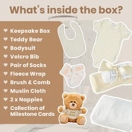 Baby Box Shop - Baby Unisex Gifts, Newborn Essentials, Ideal Baby Shower Gifts & Gender Reveal Gifts - Includes 8 Double Sided Baby Milestone Cards in Cute Beige Baby Hamper