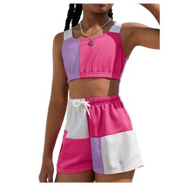 Floerns Girl's 2 Piece Colorblock Crop Tank Top Drawstring Waist Track Shorts Set Pink Multi 12Y
