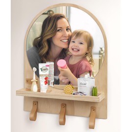 Maxpeuvon Kids Bathroom Mirror with Shelf, Entryway Home Organizer Arched Wood Boho Storage Mirrors for Wall Decor, Vanity, Bedroom - 14"×18"