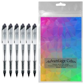 Uni-ball Vision Elite Rollerball Pens, Bold Point (0.8mm), Black Ink, 6 count, Bundle with Plastic Reusable Pouch
