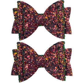 Pastel Rainbow Glitter Hair Bows Clips Slides Grips for Woman Girls Handmade 3.5" inch - 2 Pack