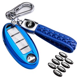 LORYVAN for Nissan Key Fob Cover Soft TPU 360 Degree Protection Key Case with Leather Keychain for Nissan Altima Maxima Murano Rogue Sentra 370z Pathfinder Smart Remote 2/3/4/5 Button Blue