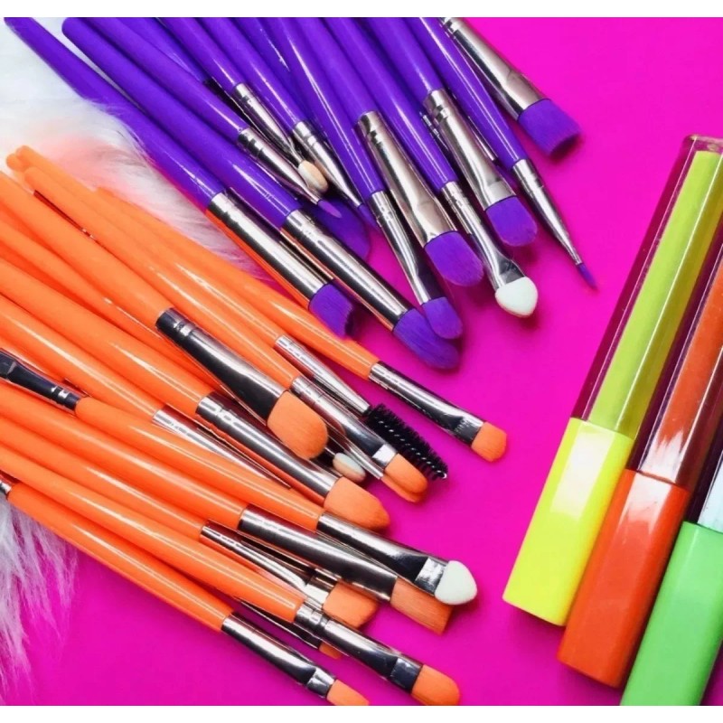QDS Beauty Set 20 Brochas Maquillaje Planas De Precisión Neón