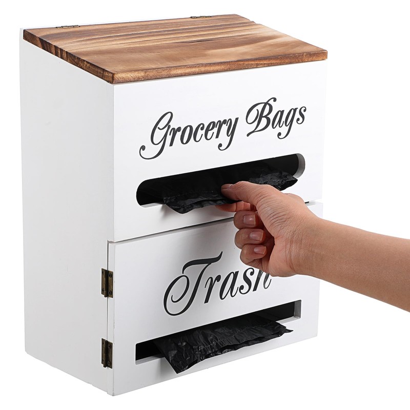 2 in 1 Trash Bag Dispenser,White Wood Trash Bags Holder