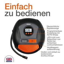 OSRAM TYREinflate 450, Digitale Reifenpumpe mit Auto-Stopp und LED Licht, tragbarer 12V Kompressor für Autoreifen, Stromanschluss via Zigarettenanzünder, Reifenbefüllung in 3,5 Minuten