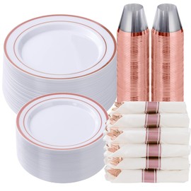 Goodluck 350 Piece Rose Gold Plastic Dinnerware Set for 50 Guests, Fancy Disposable Plates for Party, Include: 50 Dinner Plates, 50 Dessert Plates, 50 Pre Rolled Napkins with Silverware, 50 Cups