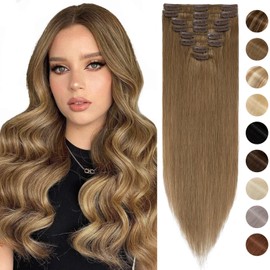 Silk-co Real Hair Clip-In Extensions, 8 Wefts, 18 Clips, 45 g, Brown Hair Extensions, Remy Real Hair Clip-In Extensions, 06# Light Brown, 20 cm