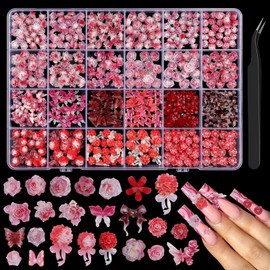 460 Pieces Dreamy Rose Camellia Flower Nail Charms 3D Cute Butterfly Bow Charms for Nails, Pink Black Stamen Nail Supplies for Women Nail Art Design DIY Crafts Jewel Accessories (Red)